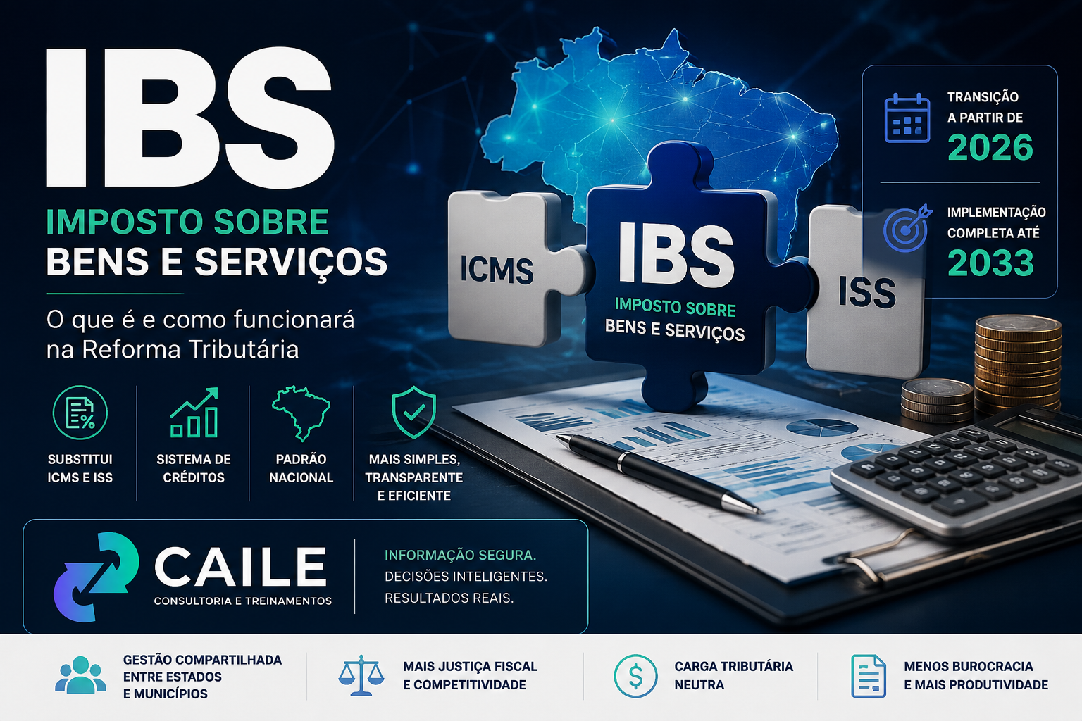 Ilustração representando o IBS (Imposto sobre Bens e Serviços) da Reforma Tributária brasileira, com elementos de tecnologia, documentos fiscais eletrônicos, gráficos financeiros e ambiente corporativo moderno.
