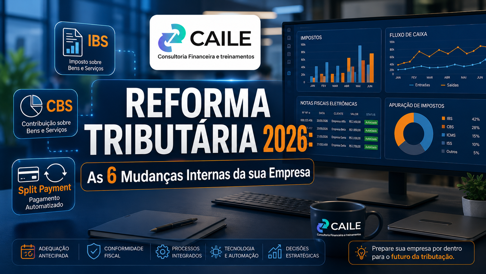 A Reforma Tributária 2026 mostrando os impactos no IBS, CBS, Split Payment e sistemas ERP.